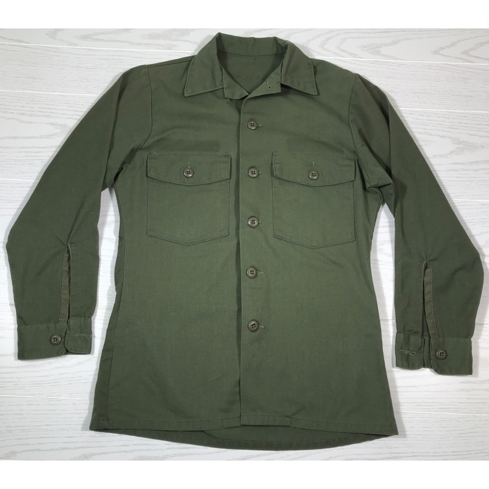 Vintage 70s US Army Shirt Mens Medium Green OG-507 Utility Long Sleeve Vietnam